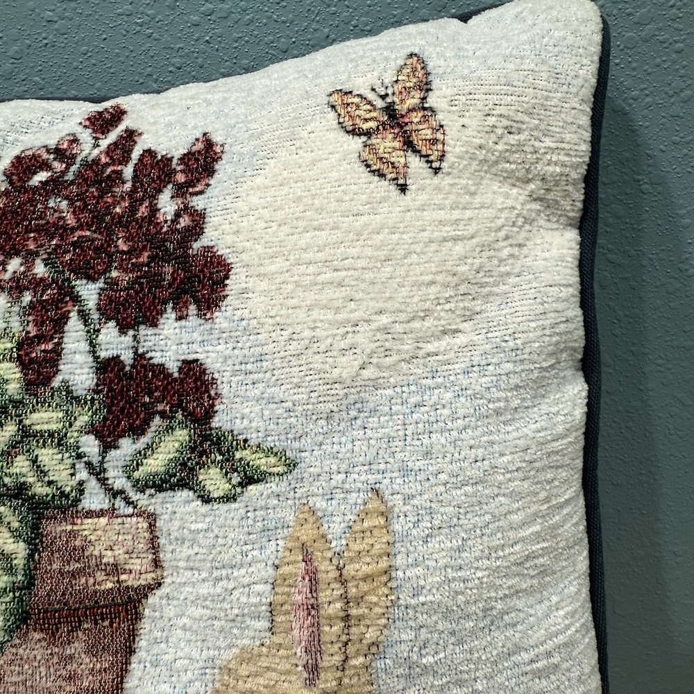 Bunny Rabbit Throw Pillow Soft Tapestry Floral Spring Summer Garden 16x16 Blue - Picture 4 of 10